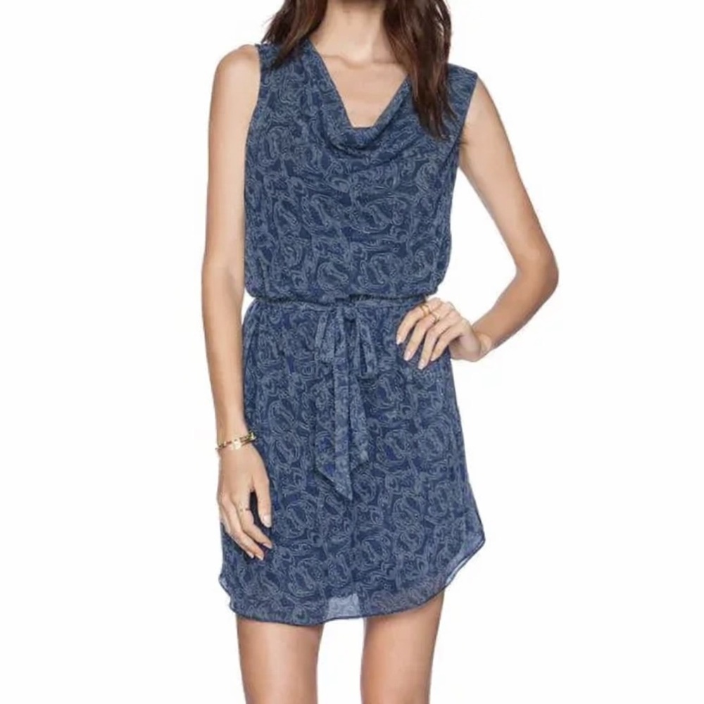 New LA Made Paisley Print Sleeveless Cowl Neck Tie Waist Dress Blue Size Medium